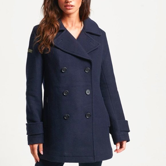 Superdry - Double Breasted Wool Pea Coat - Navy - Picture 1 of 5